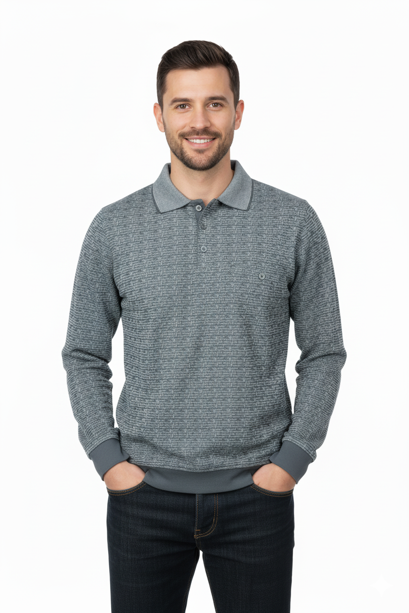 Erkek Mevsimlik Kazak Pamuklu Dokuma Düğmeli Polo Yaka Cepli Uzun Kollu Kırçıl Desenli Rahat